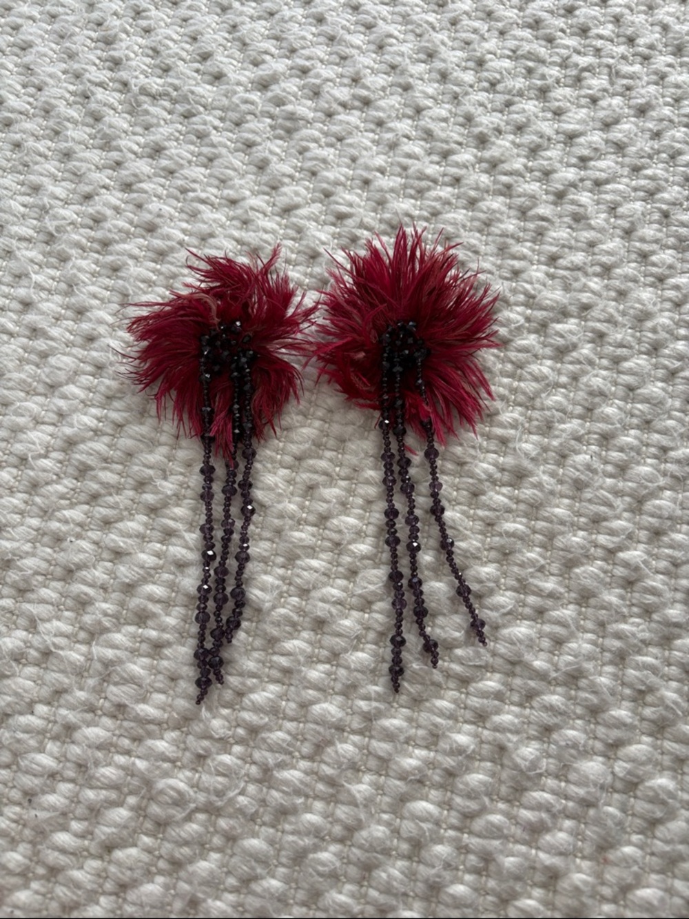 Burgundy Feather & Bead Drop Earrings